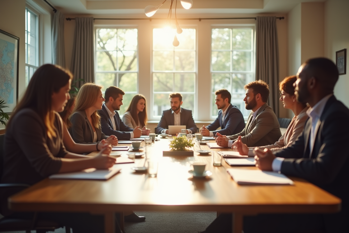 Groupe de personnes discutant autour d'une table en réunion
