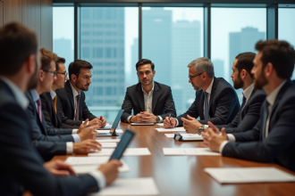 Groupe de professionnels en réunion dans une salle moderne