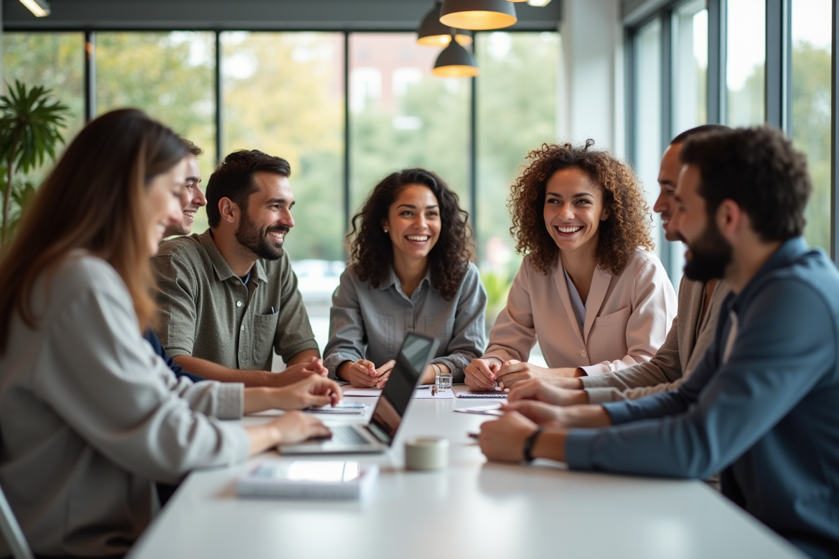 Groupe de personnes discutant autour d'une table lumineuse