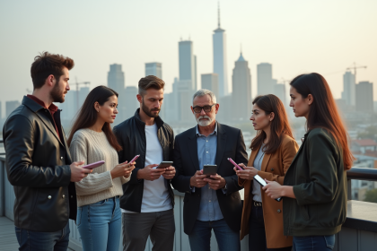 Groupe de jeunes et seniors en discussion sur un toit urbain