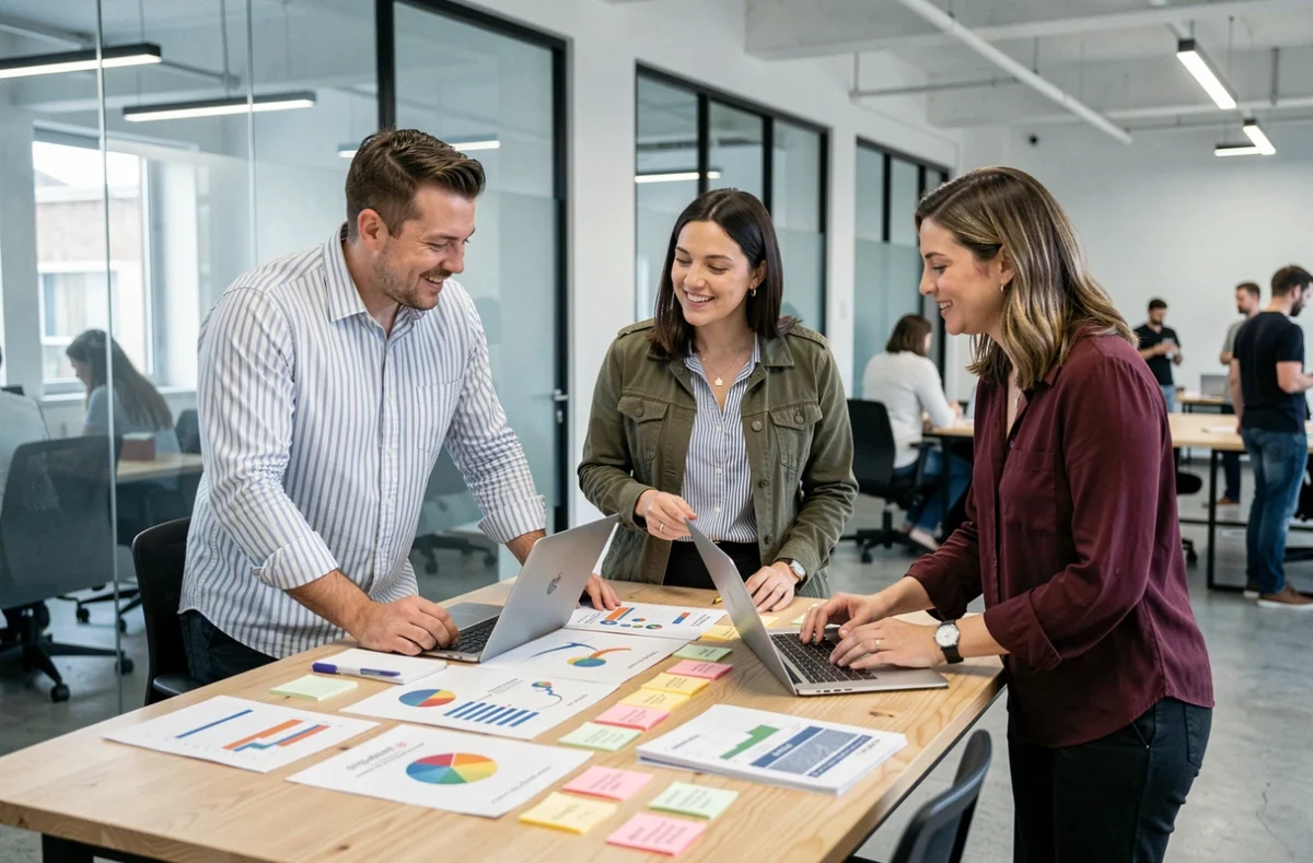 Groupe de professionnels collaborant sur un échange de compétences dans un espace de coworking moderne