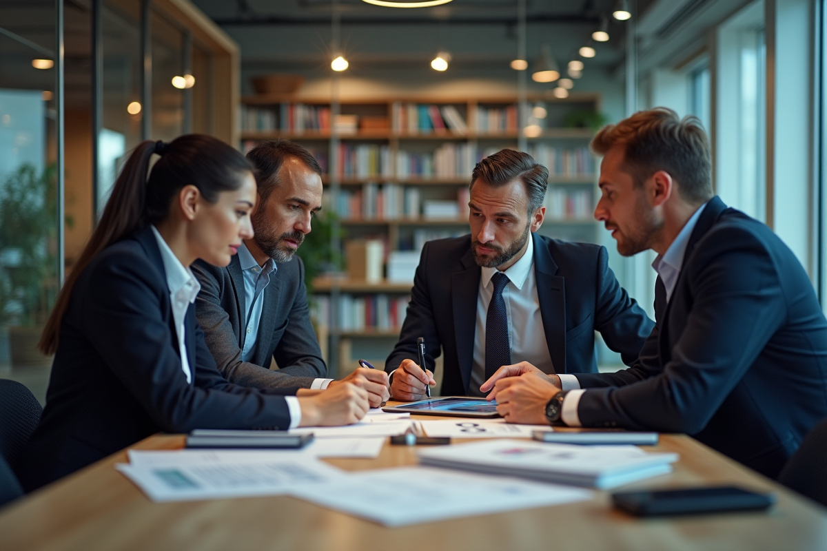 Groupe de professionnels en réunion de travail dynamique