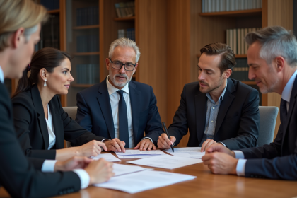 Groupe de professionnels en réunion dans une salle élégante