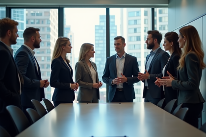 Groupe de professionnels en r&eacute;union dans un bureau moderne