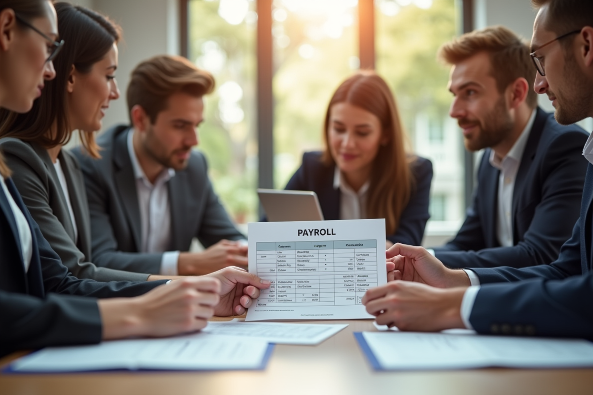 Groupe de professionnels discutant de documents de paie au bureau