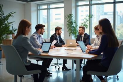 Groupe de professionnels en réunion dans un bureau lumineux