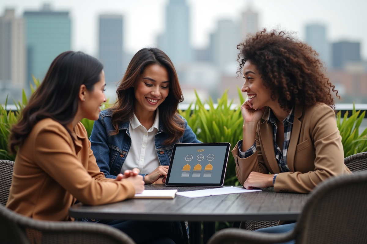 Groupe diversifié de professionnels discutant en extérieur