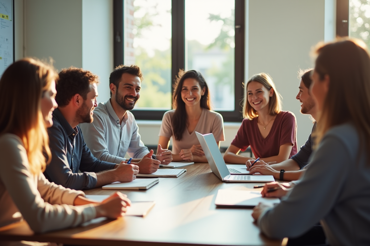 Groupe diversifié en réunion de travail dans un bureau lumineux