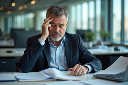 Homme d'affaires canadien fatigu&eacute; au bureau