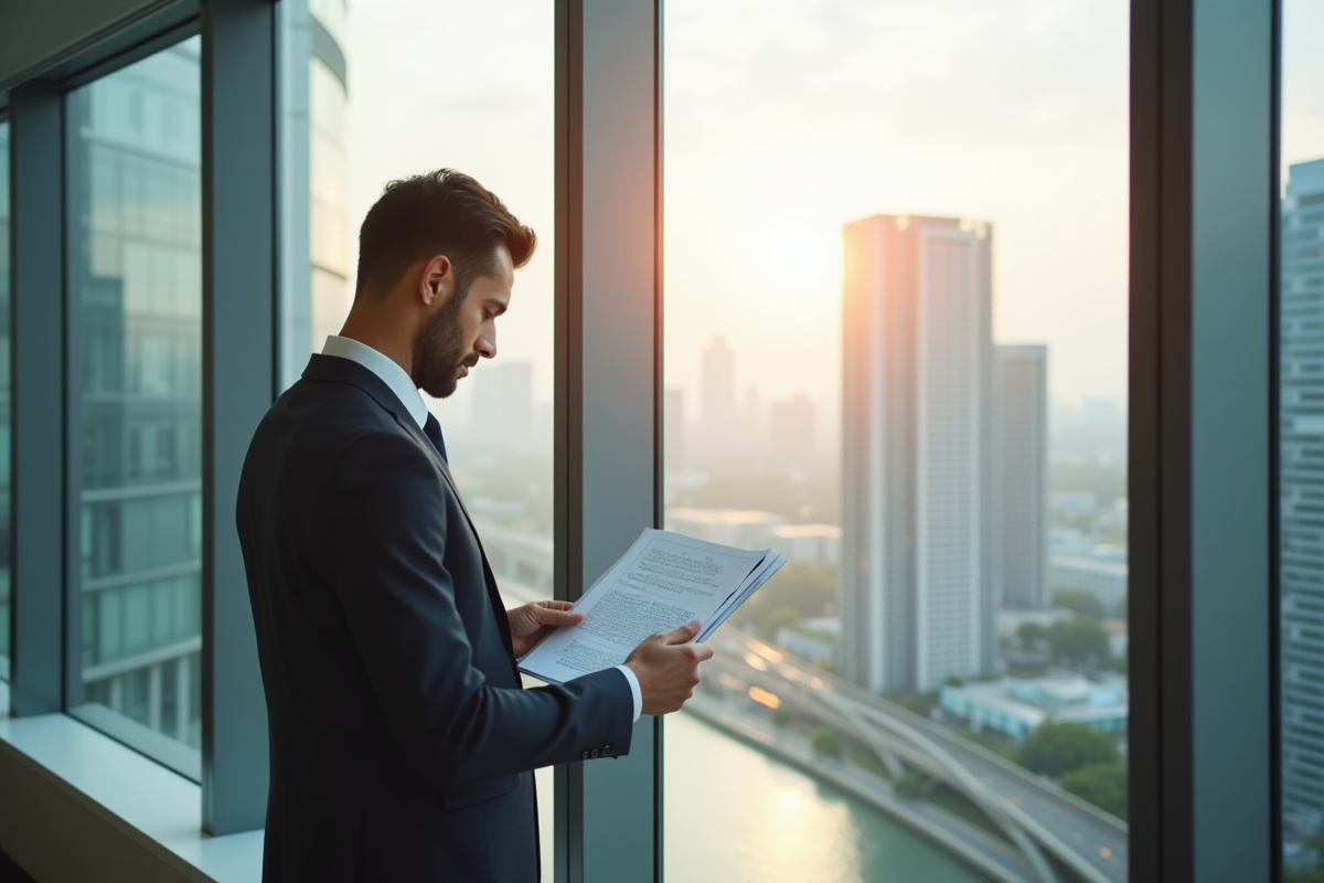 Homme d'affaires en costume dans un bureau moderne avec vue sur la ville