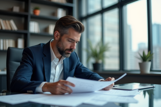 Homme d'affaires en costume bleu examine des documents de brevet