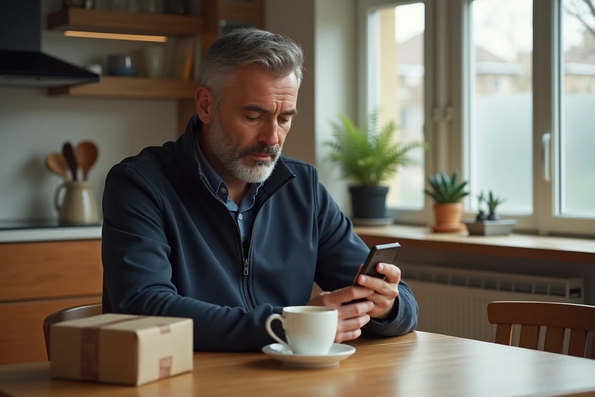Homme utilisant une application téléphonique pour trouver un point Mondial Relay depuis chez lui