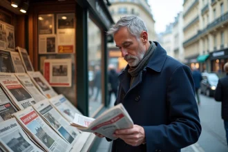 Homme d'âge moyen au trench bleu à Paris devant un kiosque