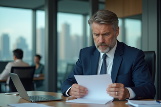 Homme en costume lisant une lettre dans un bureau moderne