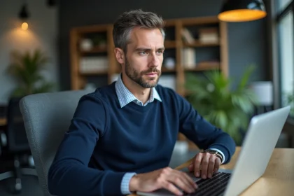 Homme en bureau naviguant sur un site gouvernemental