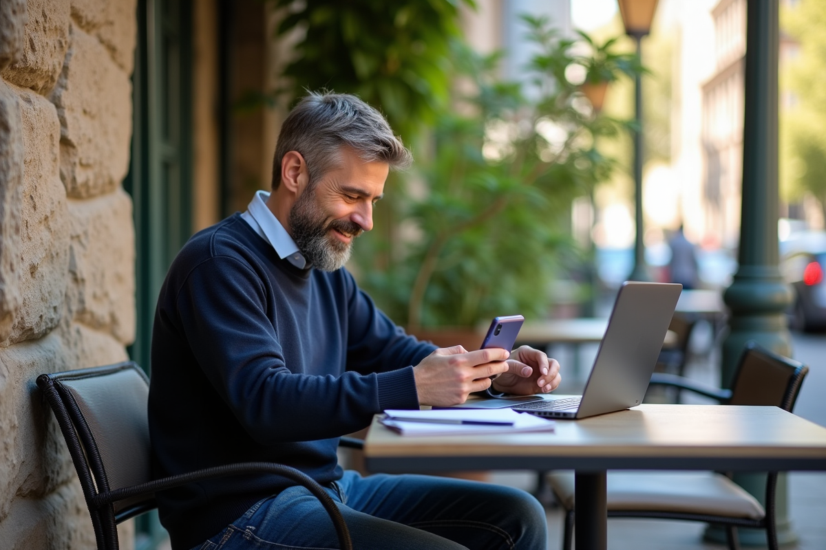 Homme au café souriant en utilisant son smartphone