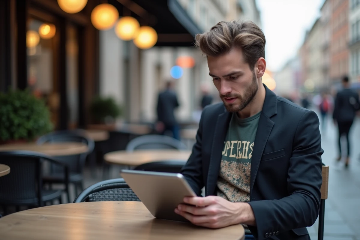Homme au caf&eacute; en ville regardant sa tablette