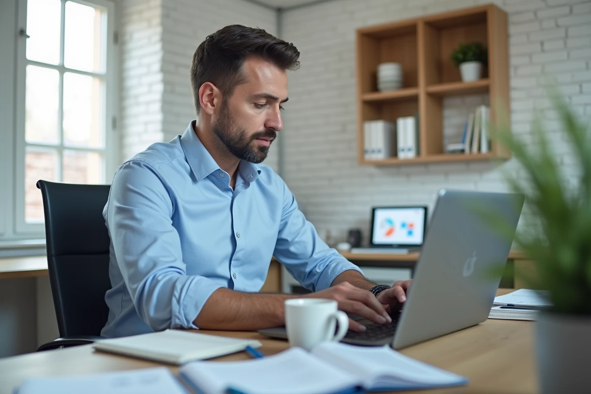 Homme configurant un ERP de gestion sur un ordinateur portable dans un bureau à domicile