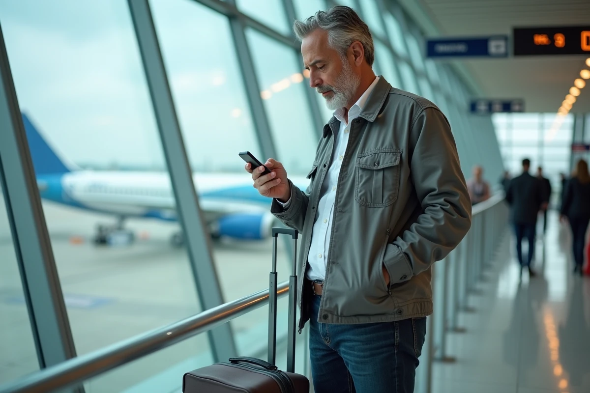 Homme consultant les contacts France Télécom depuis un aéroport international