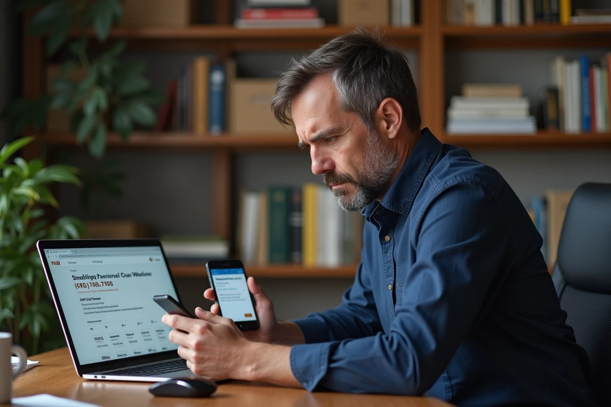 Homme contactant le service client UPS France depuis son bureau à domicile pour un colis en retard