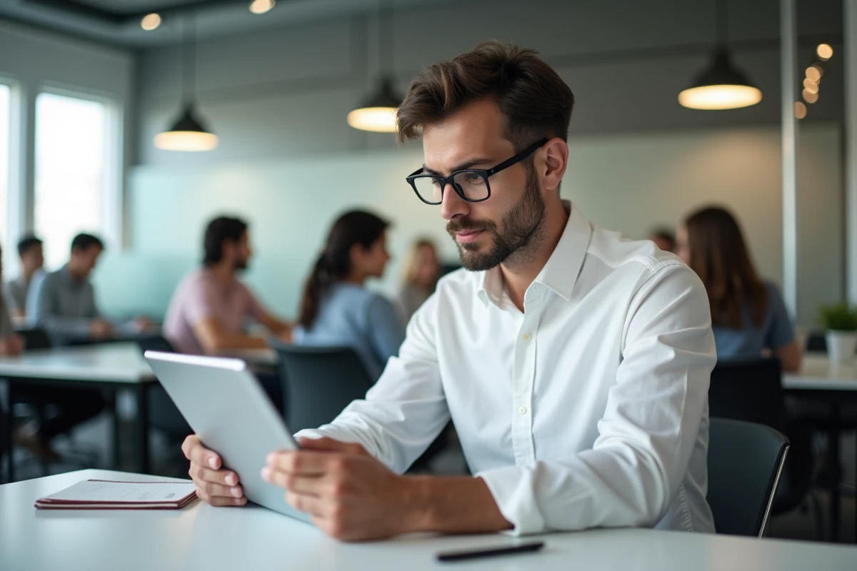 Homme regardant sa tablette dans un espace de coworking