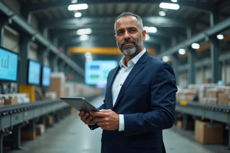 Homme d'affaires algérien en costume dans une usine moderne