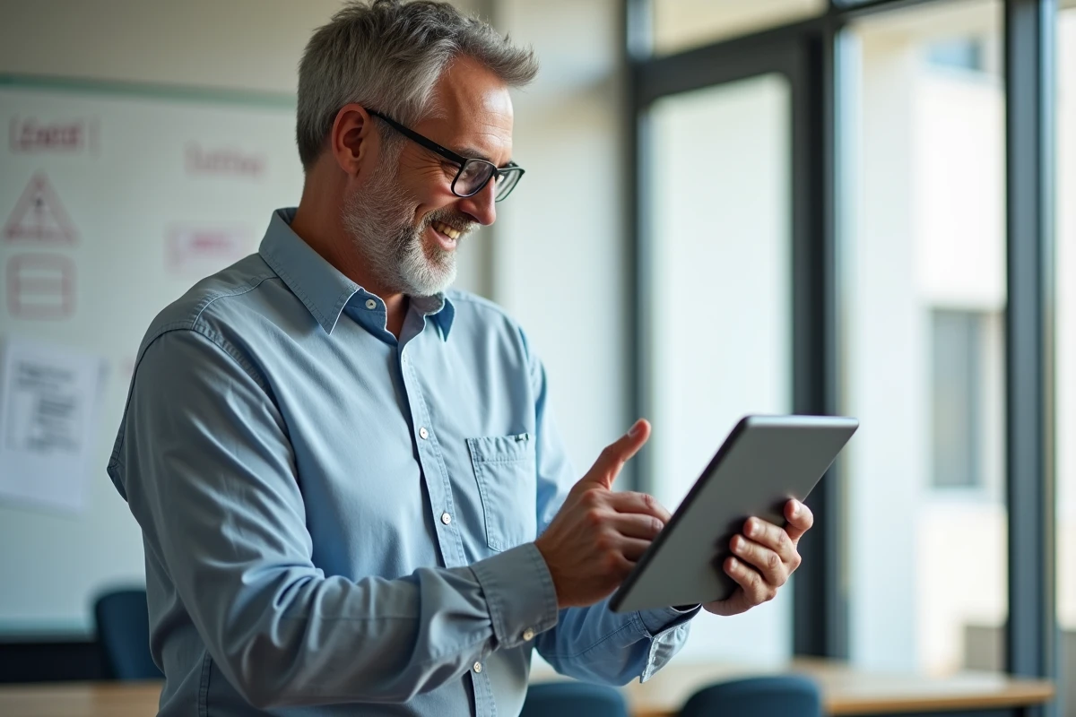 Homme avec tablette dans une salle de formation accueillante