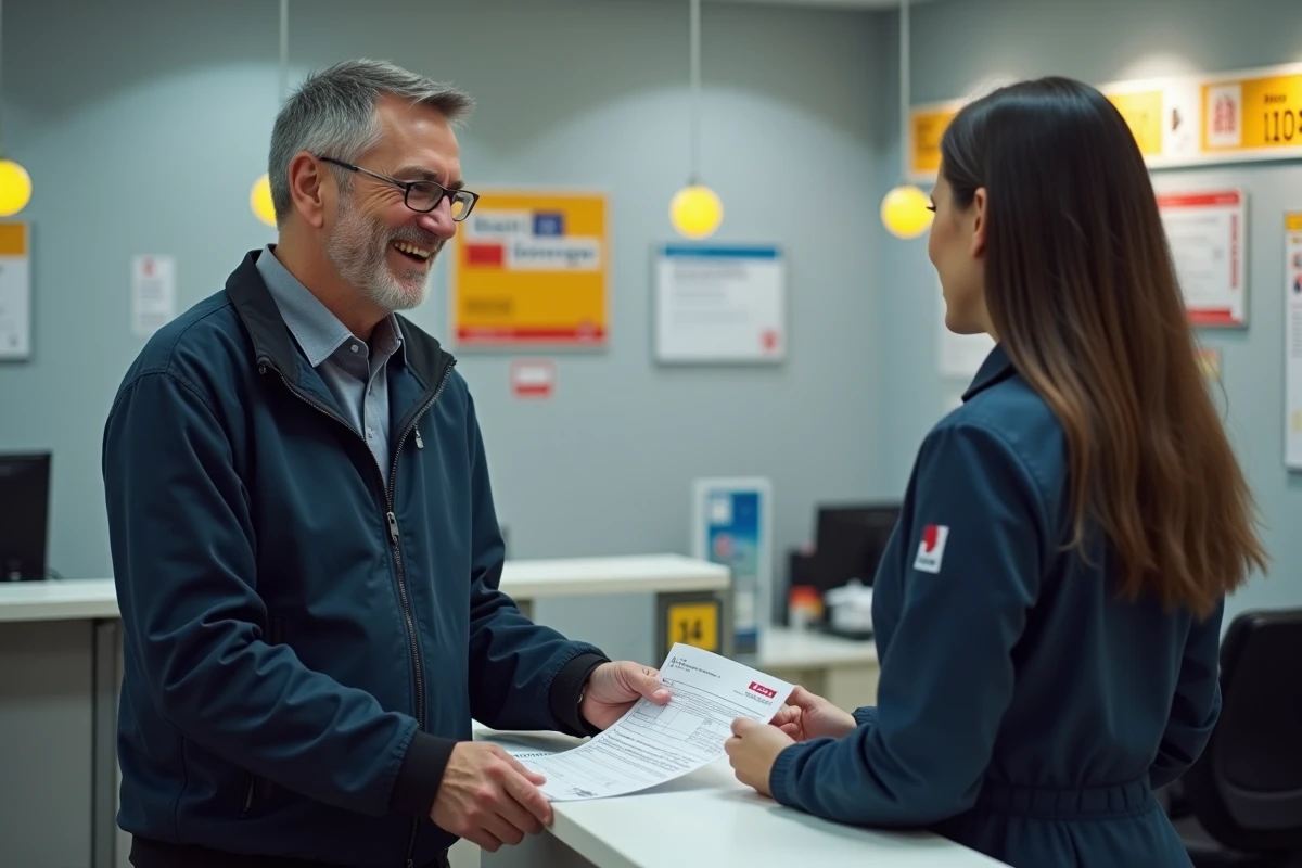 Homme déposant un formulaire de réexpédition de courrier au guichet d'un bureau de poste français