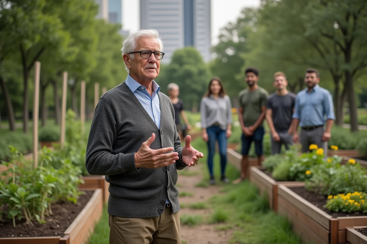 Homme âgé parlant avec des bénévoles dans un jardin urbain