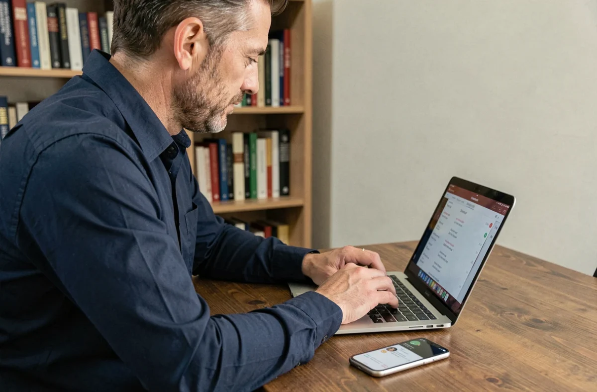 Homme vérifiant le journal d'appels de son téléphone depuis un bureau à domicile