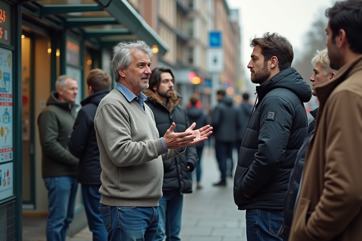 Homme mediant une discussion à un arrêt de bus en ville