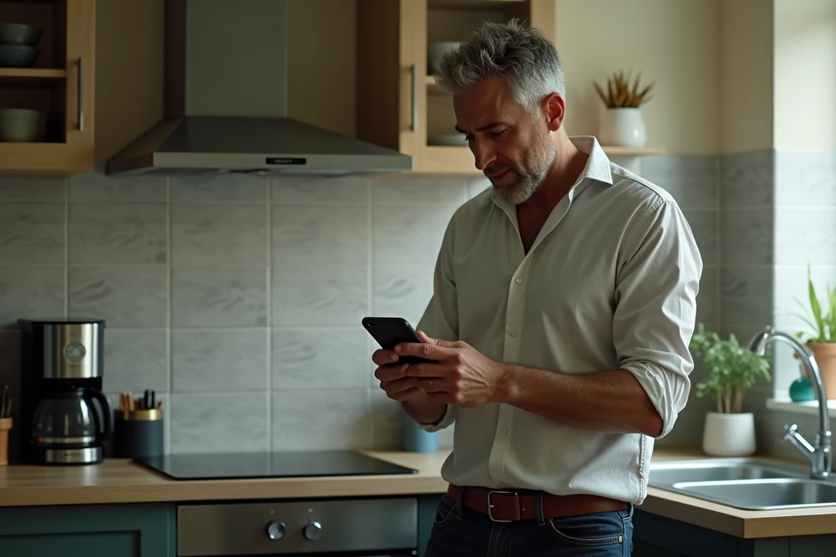 Homme en télétravail consultant une offre d'emploi remote sur son smartphone avec une expression perplexe, dans une cuisine aménagée en bureau