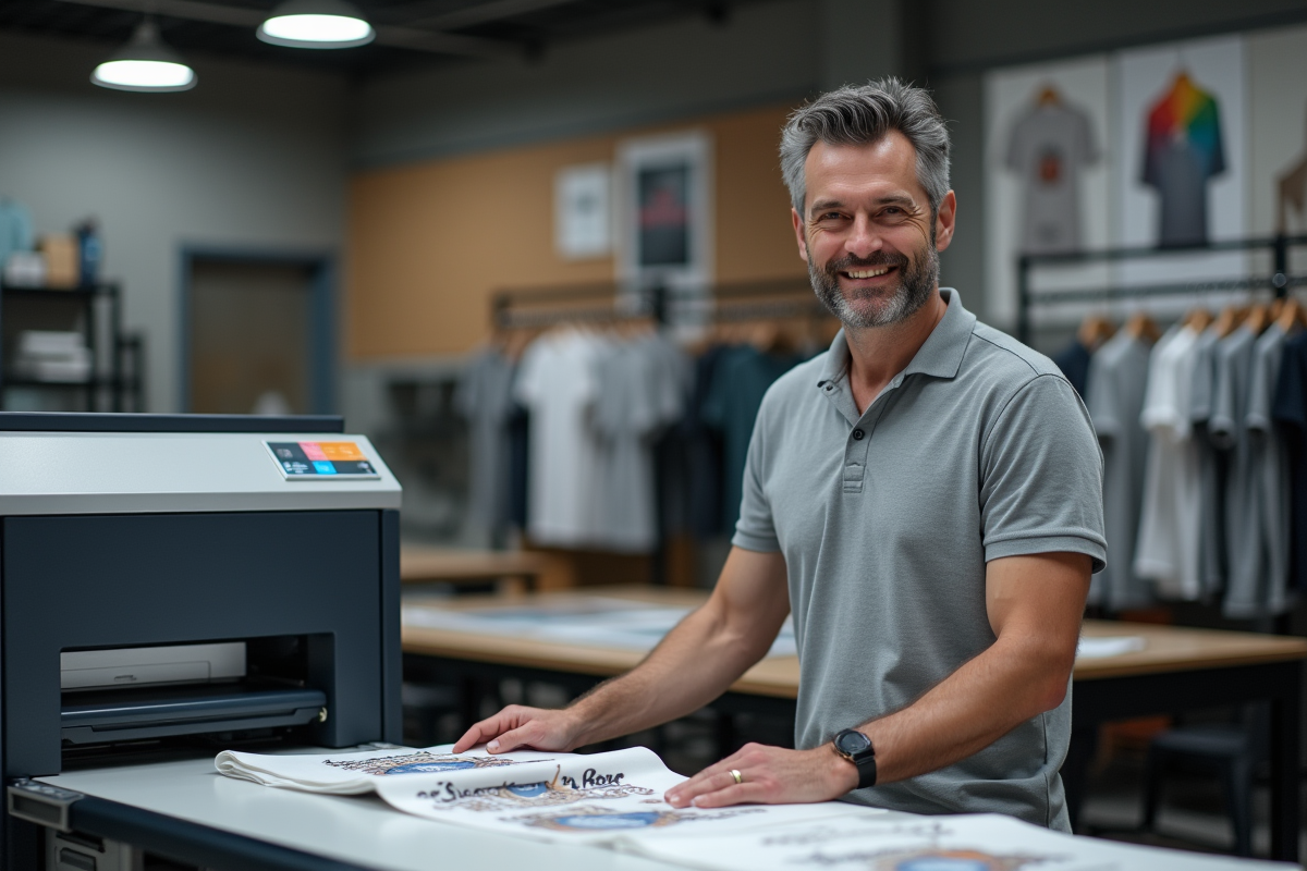 Homme en polo gris utilise une imprimante DTF dans un atelier moderne