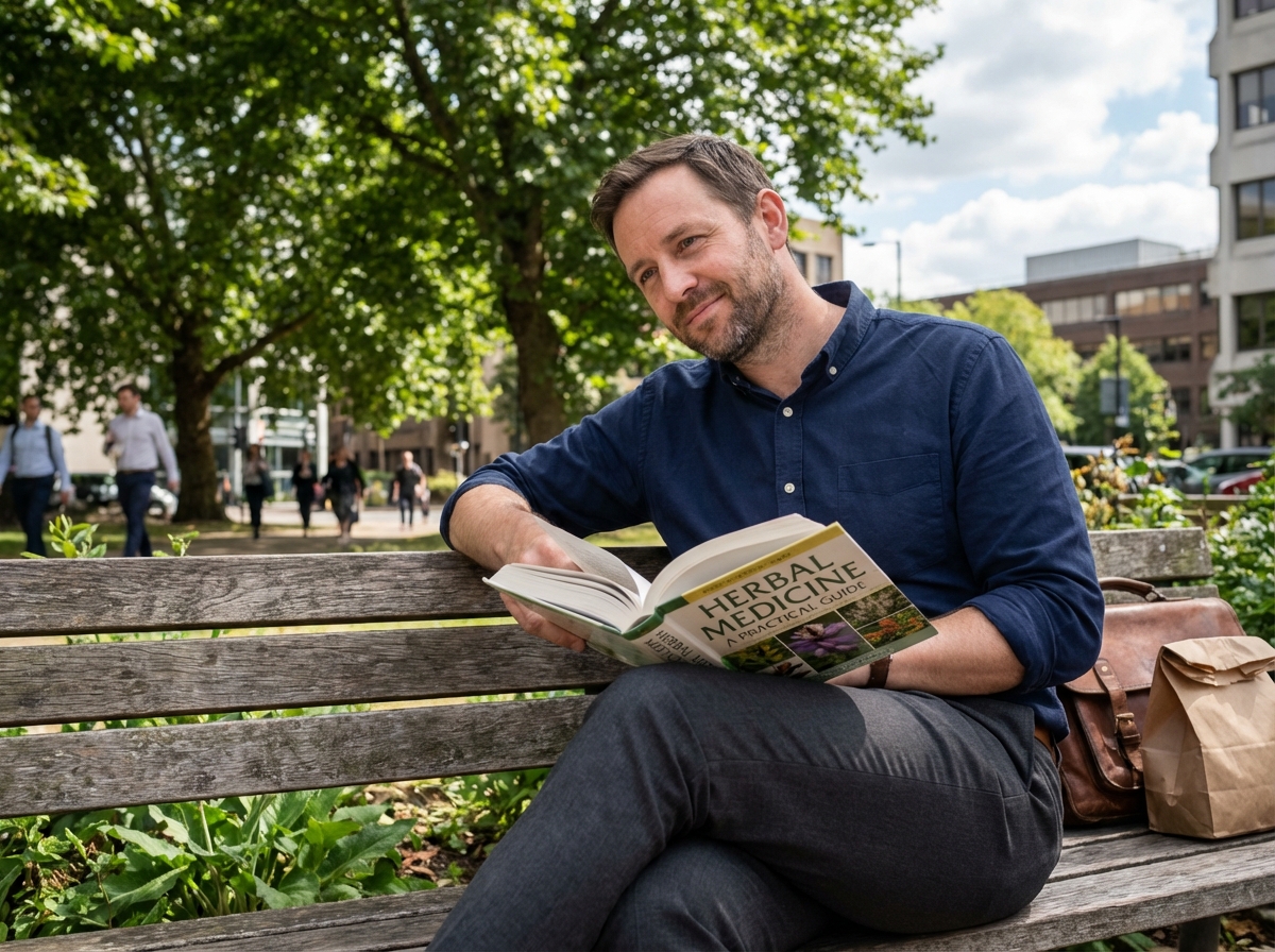 Homme lisant un livre sur les herbes dans un parc urbain
