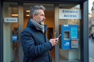 Homme d'&acirc;ge moyen devant la poste avec smartphone et signe moderne
