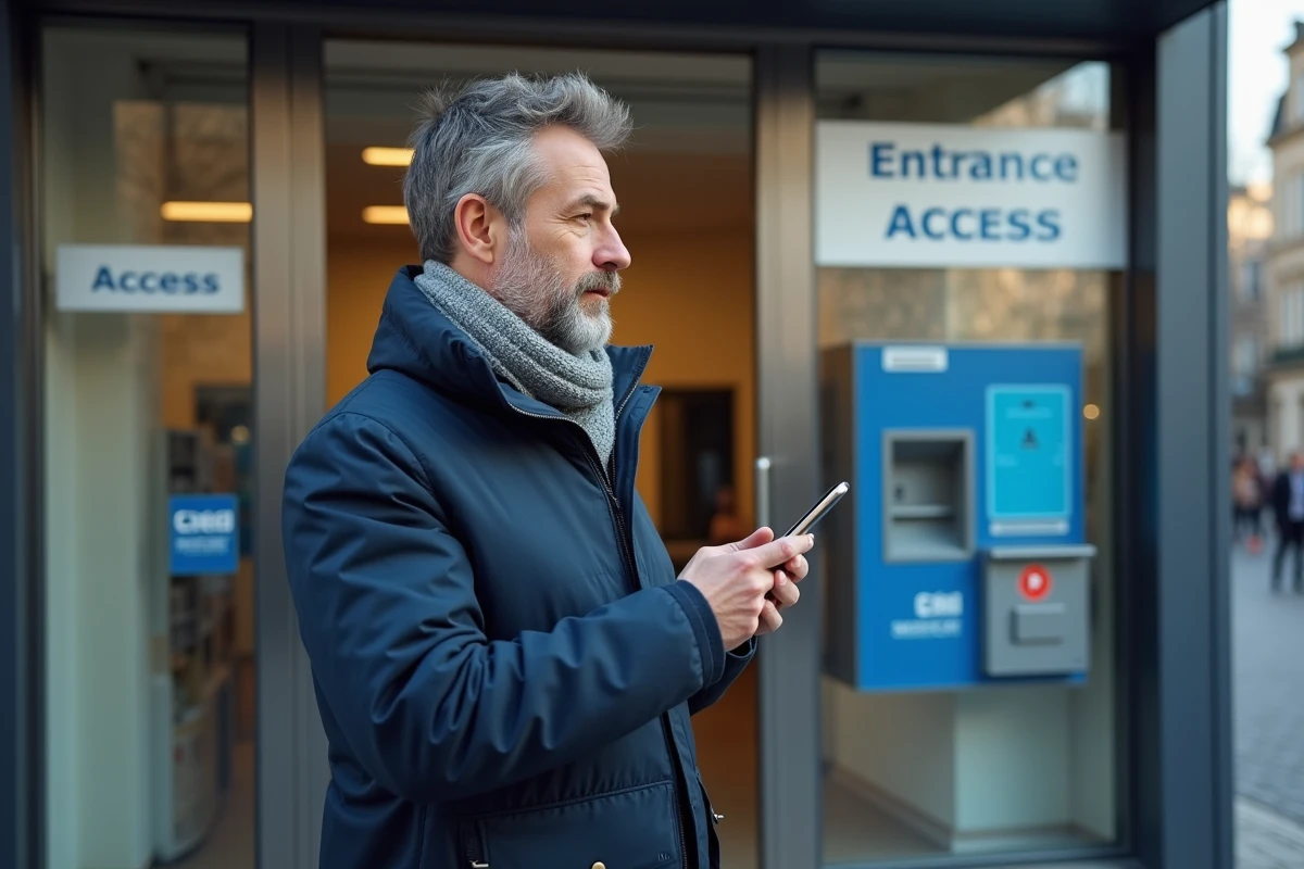 Homme d'âge moyen devant la poste avec smartphone et signe moderne