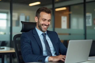 Homme professionnel souriant dans un bureau moderne