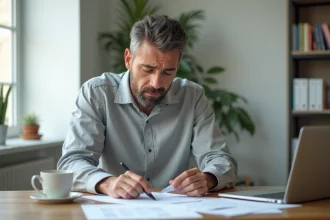 Homme en reconversion professionnelle étudiant des documents administratifs liés au CSP et à la démission