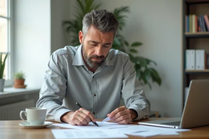 Homme en reconversion professionnelle étudiant des documents administratifs liés au CSP et à la démission