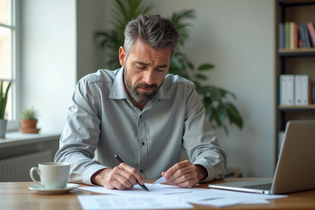 Homme en reconversion professionnelle étudiant des documents administratifs liés au CSP et à la démission