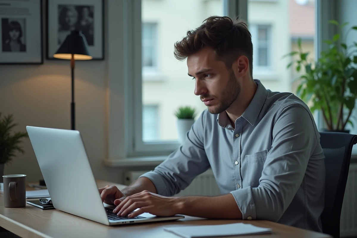 Homme rédigeant une lettre de démission sur ordinateur portable dans un bureau à domicile