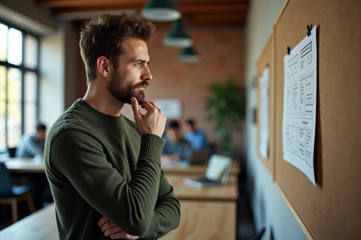 Homme en réflexion devant un tableau de décision dans un espace de coworking lors d'un projet de reconversion professionnelle