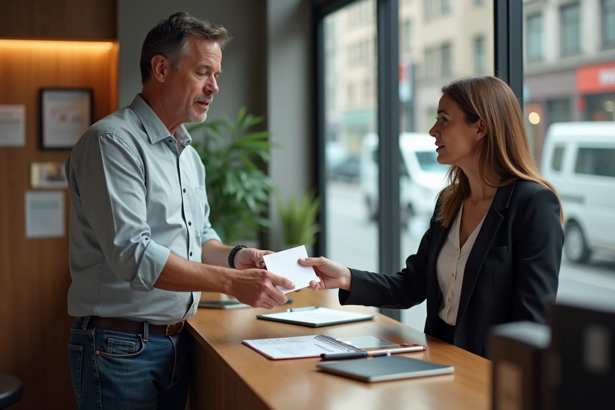 Homme remettant un envelope au guichet de banque