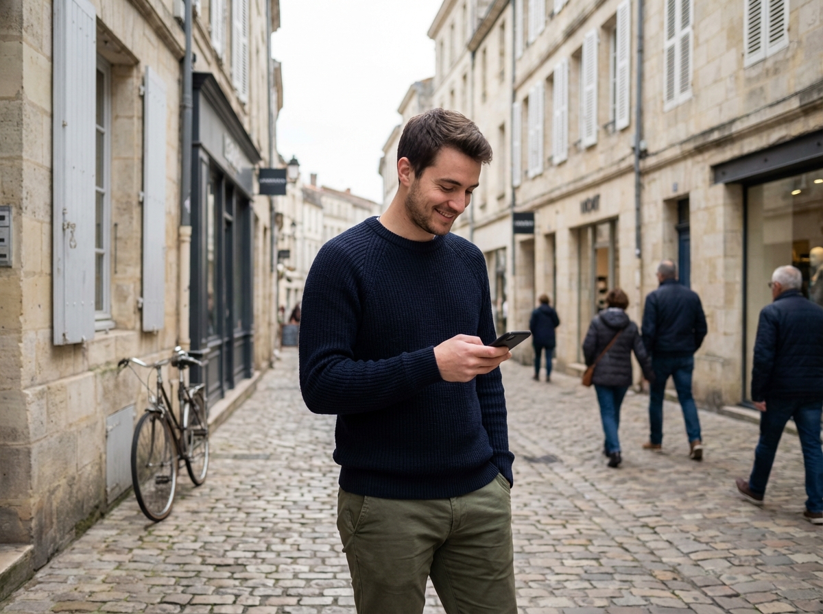 Jeune homme dans une rue pi&eacute;tonne de Niort v&eacute;rifiant son t&eacute;l&eacute;phone