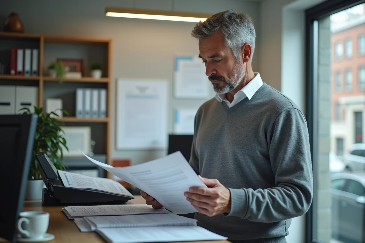 Homme d affaires scannant des factures dans un petit bureau