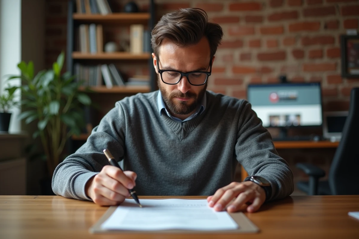 Homme en télétravail hésitant avant de signer un contrat, stylo en main dans un bureau à domicile