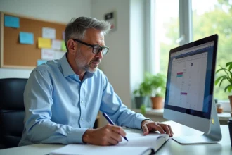 Homme d'âge moyen corrigeant un agenda dans un bureau moderne