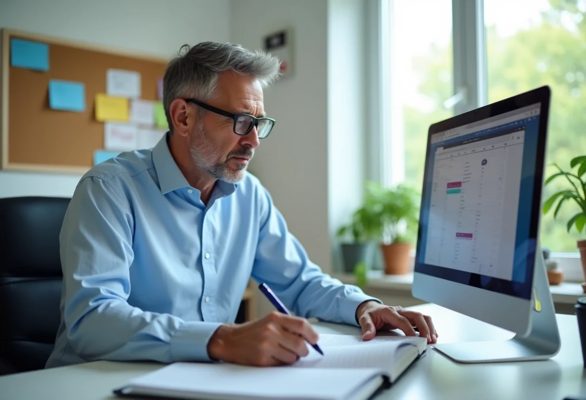 Homme d'âge moyen corrigeant un agenda dans un bureau moderne