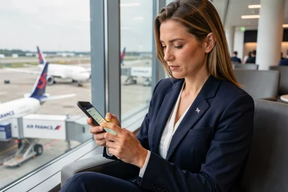 Hôtesse Air France consultant le portail intralignes sur son smartphone dans un salon d'aéroport moderne