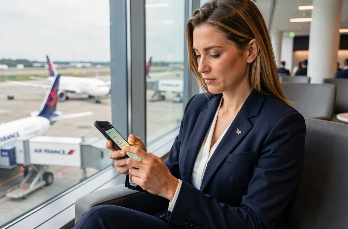 Hôtesse Air France consultant le portail intralignes sur son smartphone dans un salon d'aéroport moderne